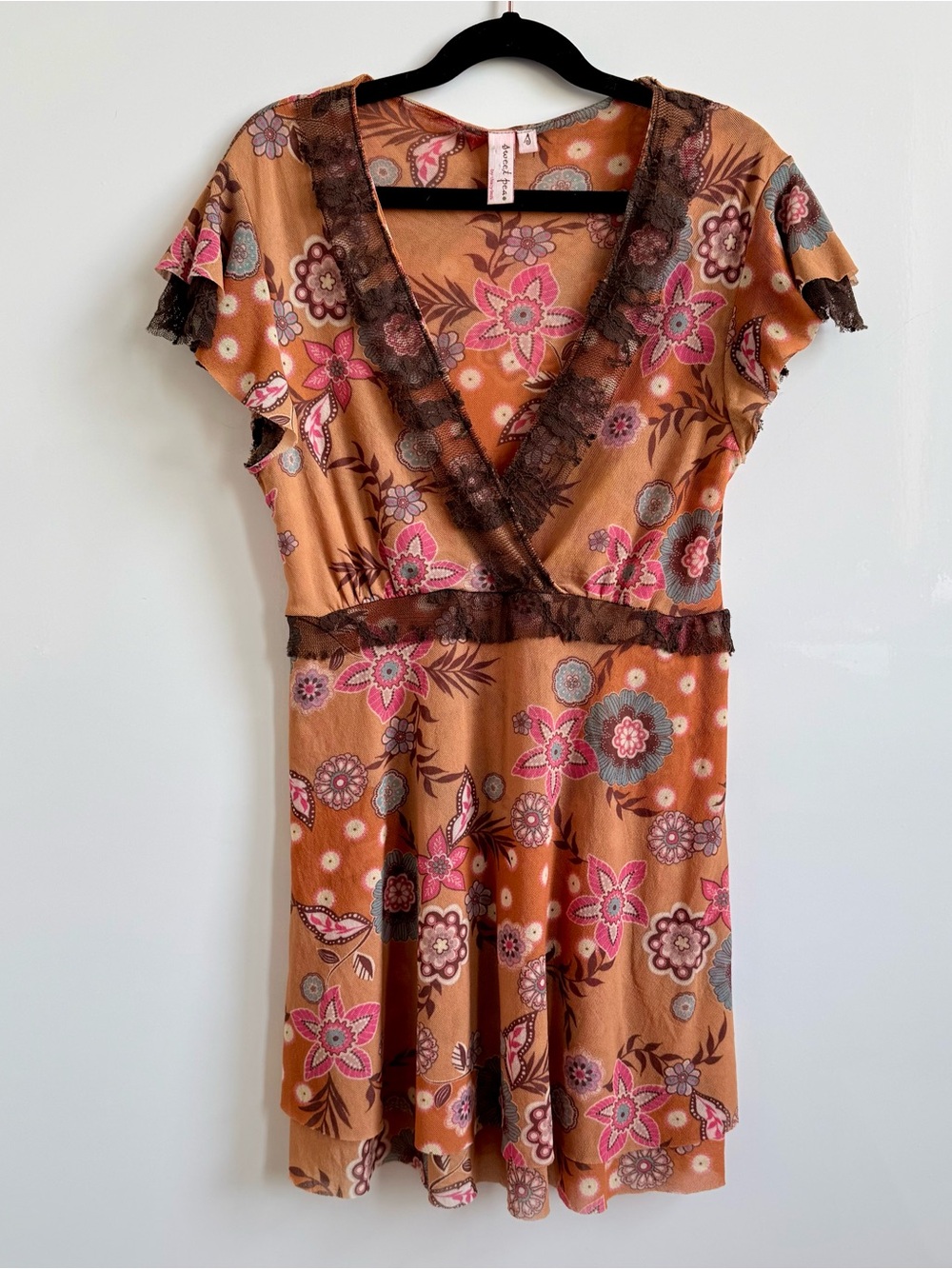 SWEET PEA Vintage Mesh Floral Top Pink Brown Lace Y2K